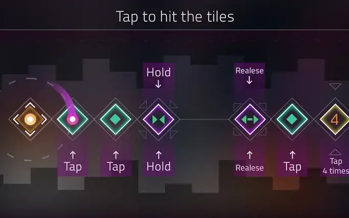 Spielszene aus Beat Tiles: Rauten laufen auf einer Bahn zu, darunter die Hinweise Tap und Hold
