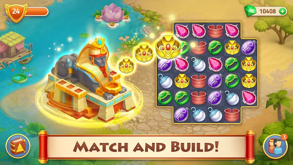Spielszene aus Cradle of Empires: ein Drei-gewinnt-Brett neben einer wachsenden ägyptischen Stadt