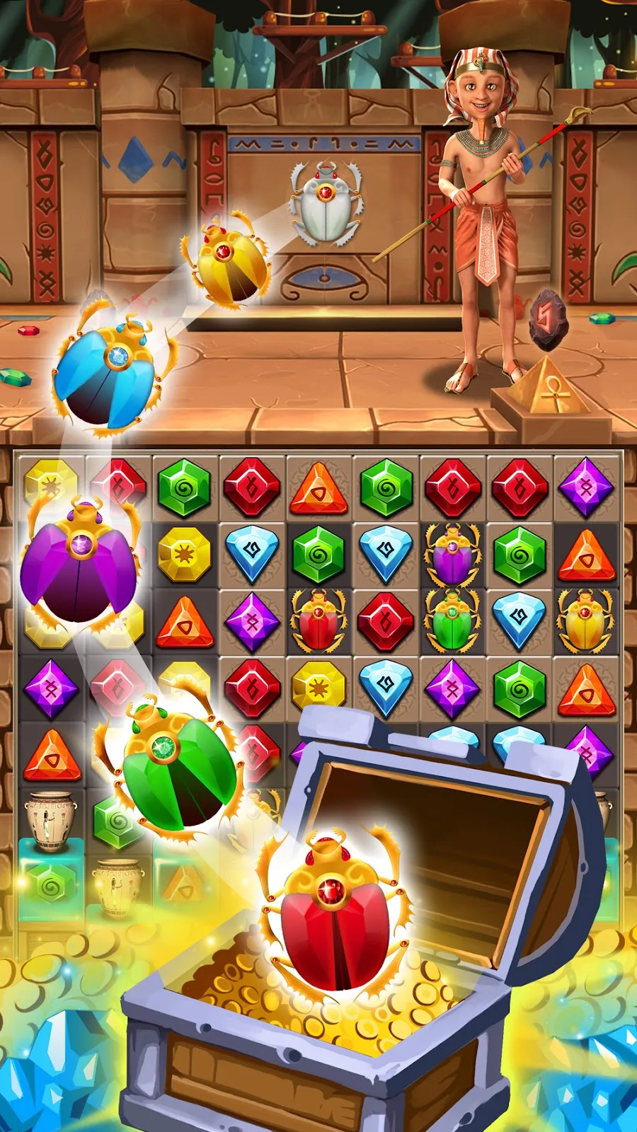 Spielszene aus Jewel Ancient 2: ein Brett mit farbigen Juwelen im altägyptischen Rahmen