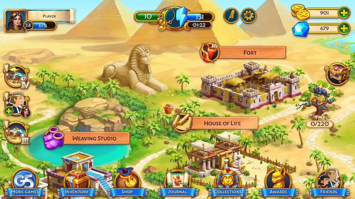 Spielszene aus Jewels of Egypt: ein Brett voller Edelsteine vor einer Kulisse am Nil